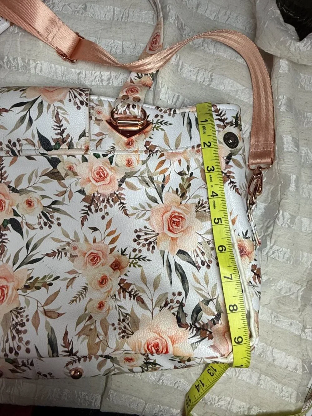 Queen & Beyond Rose Floral Faux Leather Diaper Bag Tote Rose Gold